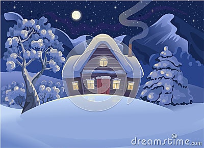 Winter night forest landscape with wooden house, mountains, moon and starry sky. Vector drawing illustration in cartoon style. Hor Vector Illustration